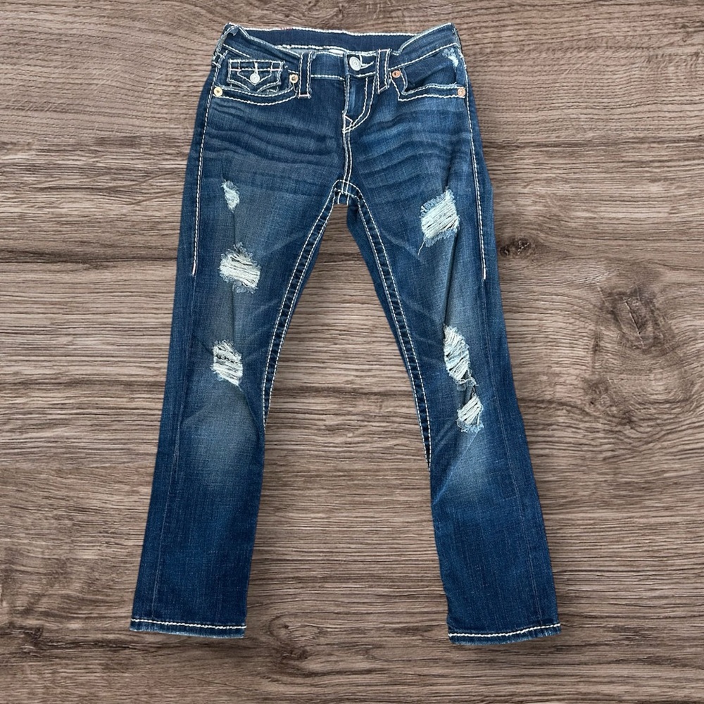 True Religion sz 25 capri skinny jeans distressed Strech - Picture 2 of 10